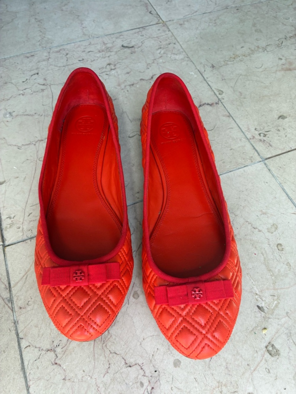Tory Burch Quilted Red Ballet Flats with Bow Detail